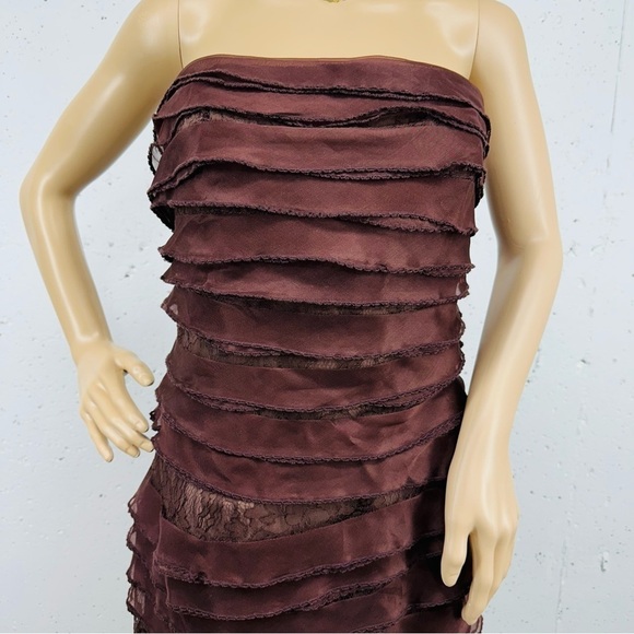 Carmen Marc Valvo Size 12 Brown Silk Lace Layered Strapless Dress NEW - Picture 4 of 16